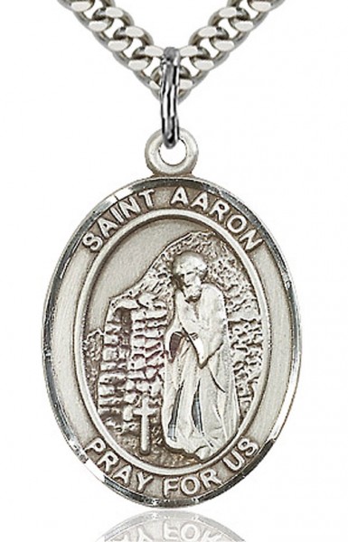 St. Aaron Medal, Sterling Silver, Large - 24&quot; 2.4mm Rhodium Plate Chain + Clasp