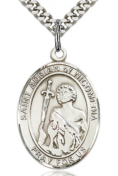 St. Adrian of Nicomedia Medal, Sterling Silver, Large - 24&quot; 2.4mm Rhodium Plate Chain + Clasp