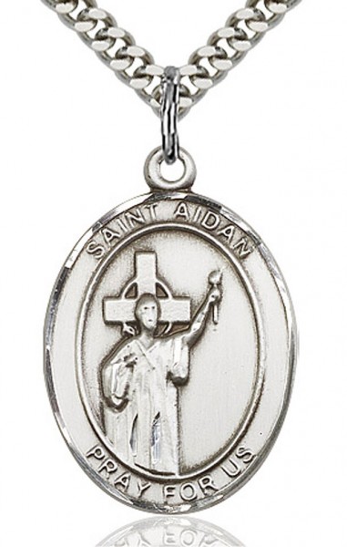 St. Aidan of Lindesfarne Medal, Sterling Silver, Large - 24&quot; 2.4mm Rhodium Plate Chain + Clasp