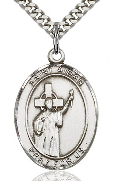 St. Aidan of Lindesfarne Medal, Sterling Silver, Large - 24&quot; 2.4mm Rhodium Plate Endless Chain