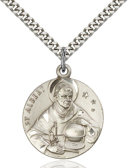 St. Albert the Great Medal, Sterling Silver - 24&quot; 2.2mm Sterling Silver Chain + Clasp