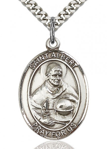 St. Albert the Great Medal, Sterling Silver, Large - 24&quot; 2.4mm Rhodium Plate Endless Chain