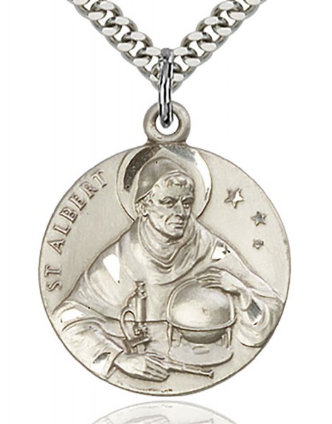 St. Albert the Great Medal, Sterling Silver - 24&quot; 2.4mm Rhodium Plate Endless Chain