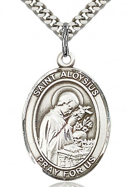 St. Aloysius Gonzaga Medal, Sterling Silver, Large - 24&quot; 2.4mm Rhodium Plate Chain + Clasp