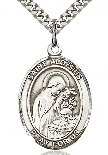 St. Aloysius Gonzaga Medal, Sterling Silver, Large - 24&quot; Sterling Silver Chain + Clasp