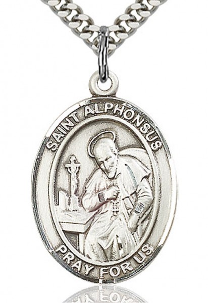 St. Alphonsus Medal, Sterling Silver, Large - 24&quot; 2.4mm Rhodium Plate Chain + Clasp