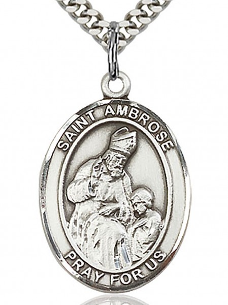 St. Ambrose Medal, Sterling Silver, Large - 24&quot; 2.4mm Rhodium Plate Chain + Clasp