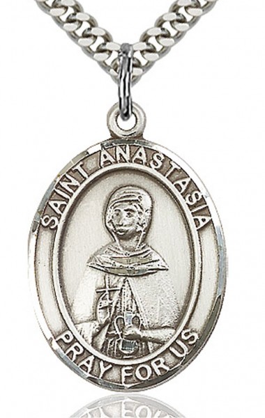 St. Anastasia Medal, Sterling Silver, Large - 24&quot; 2.4mm Rhodium Plate Chain + Clasp