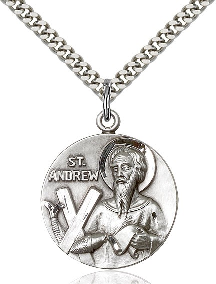 St. Andrew Medal, Sterling Silver - 24&quot; 2.2mm Sterling Silver Chain + Clasp