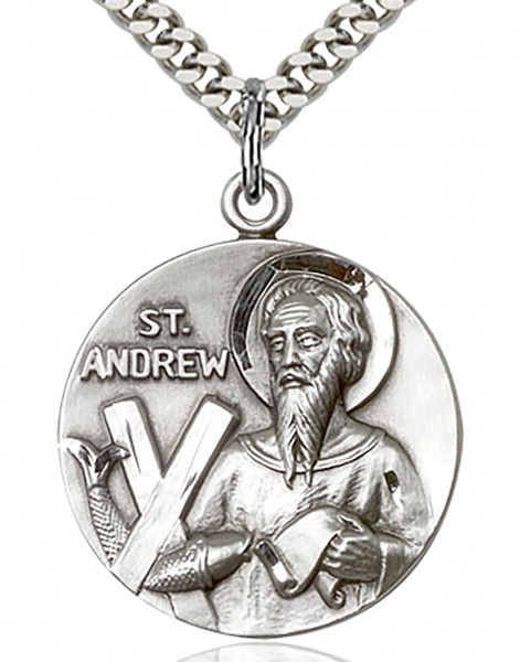St. Andrew Medal, Sterling Silver - 24&quot; 2.4mm Rhodium Plate Endless Chain