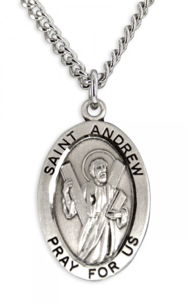 Men's Saint Andrew Sterling Silver Oval Necklace with Chain Options - 24&quot; 3mm Stainless Steel Chain + Clasp
