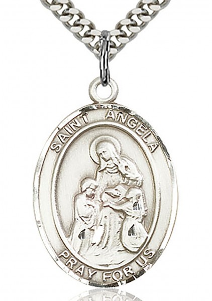 St. Angela Merici Medal, Sterling Silver, Large - 24&quot; 2.4mm Rhodium Plate Chain + Clasp