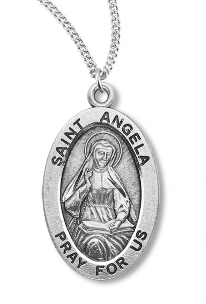 Women's St. Angela Necklace Oval Sterling Silver with Chain Options - 18&quot; 2.2mm Stainless Steel Chain + Clasp