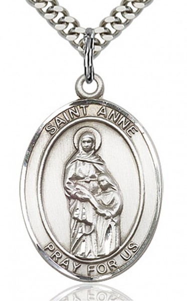 St. Anne Medal, Sterling Silver, Large - 24&quot; 2.4mm Rhodium Plate Chain + Clasp