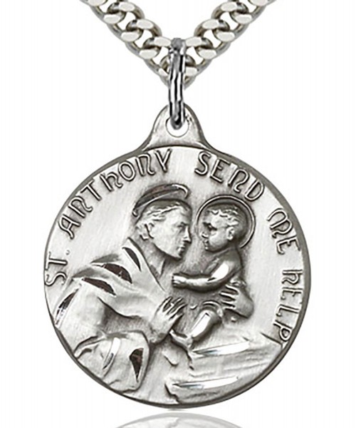 St. Anthony Medal, Sterling Silver - 24&quot; 2.4mm Rhodium Plate Chain + Clasp