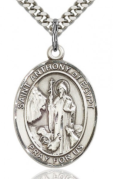 St. Anthony of Egypt Medal, Sterling Silver, Large - 24&quot; 2.4mm Rhodium Plate Chain + Clasp