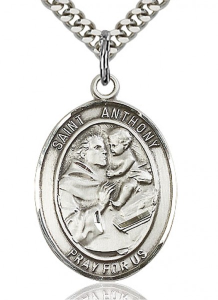 St. Anthony of Padua Medal, Sterling Silver, Large - 24&quot; 2.2mm Sterling Silver Chain + Clasp