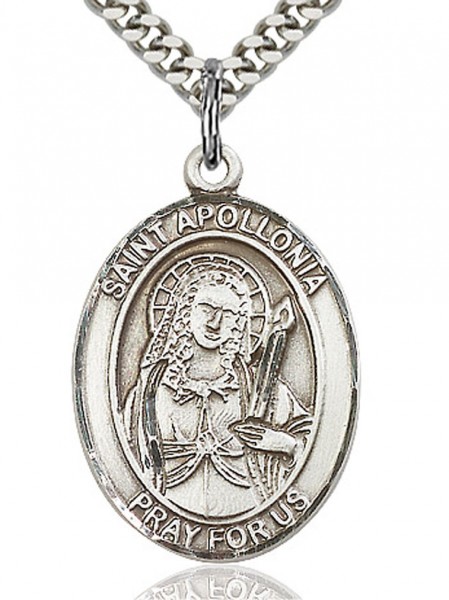 St. Apollonia Medal, Sterling Silver, Large - 24&quot; 2.2mm Sterling Silver Chain + Clasp