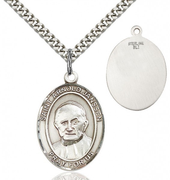 St. Arnold Janssen Medal, Sterling Silver, Large - 24&quot; Sterling Silver Chain + Clasp