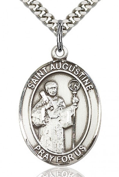 St. Augustine Medal, Sterling Silver, Large - 24&quot; 2.2mm Sterling Silver Chain + Clasp