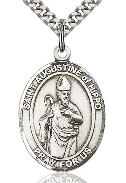 St. Augustine of Hippo Medal, Sterling Silver, Large - 24&quot; 2.4mm Rhodium Plate Chain + Clasp