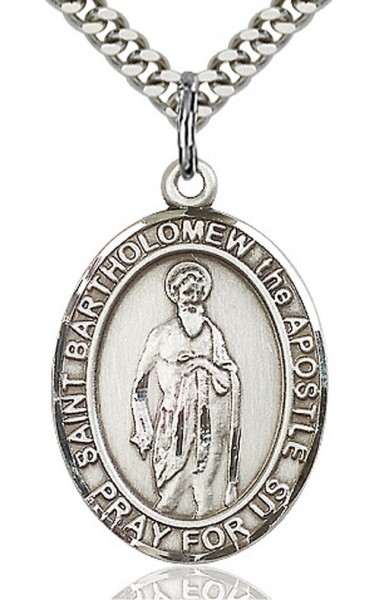 St. Bartholomew the Apostle Medal, Sterling Silver, Large - 24&quot; 2.4mm Rhodium Plate Chain + Clasp