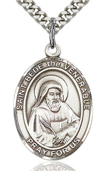 St. Bede the Venerable Medal, Sterling Silver, Large - 24&quot; 2.4mm Rhodium Plate Chain + Clasp