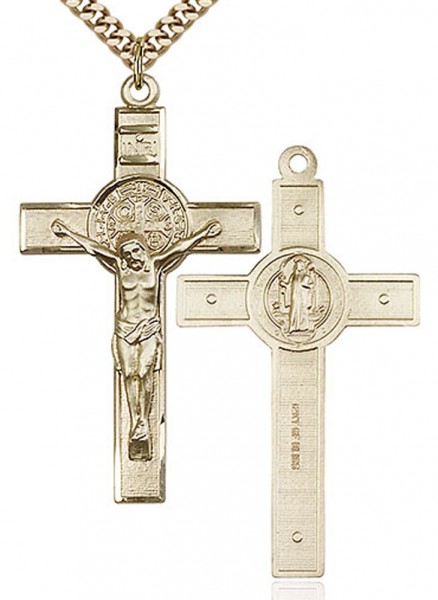 St. Benedict Crucifix Pendant, Gold Filled - 24&quot; 2.4mm Gold Plated Chain + Clasp