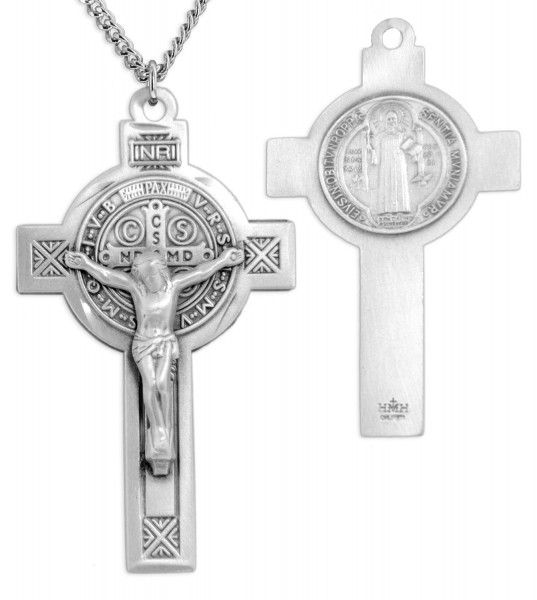 Large Men's Sterling Silver Saint Benedict Crucifix Necklace with Chain Options - 24&quot; 3mm Stainless Steel Chain + Clasp