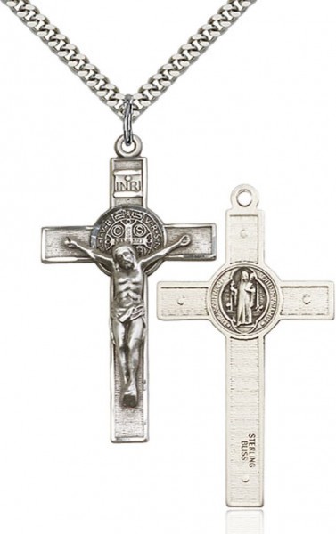St. Benedict Crucifix Pendant, Sterling Silver - 24&quot; 2.4mm Rhodium Plate Chain + Clasp