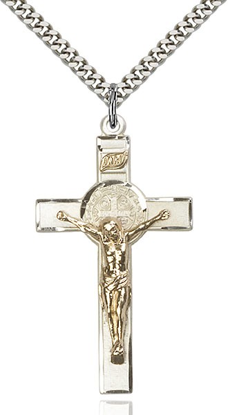 St. Benedict Crucifix Pendant, Two-Tone - 24&rdquo; 1.7mm Sterling Silver Chain &amp; Clasp