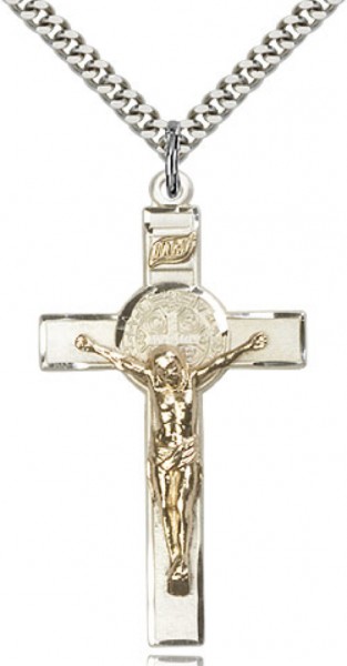 St. Benedict Crucifix Pendant, Two-Tone - 24&quot; 2.4mm Rhodium Plate Chain + Clasp