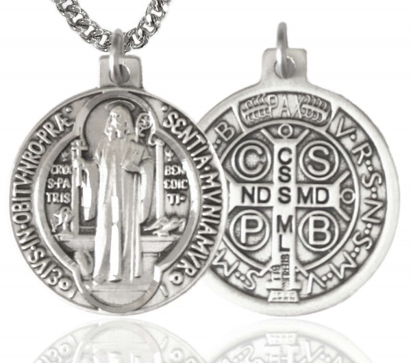 St. Benedict Medal, Sterling Silver - 24&quot; 2.2mm Sterling Silver Chain + Clasp