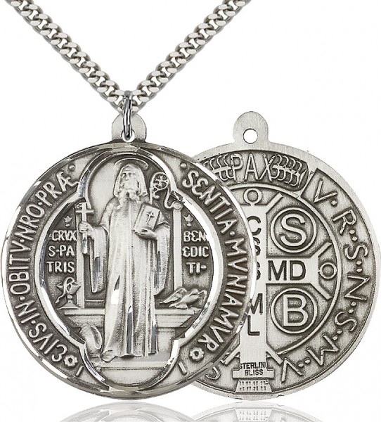 St. Benedict Medal, Sterling Silver - 24&quot; 2.2mm Sterling Silver Chain + Clasp