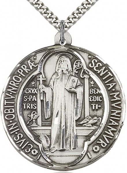 St. Benedict Medal, Sterling Silver - 24&quot; 2.4mm Rhodium Plate Endless Chain