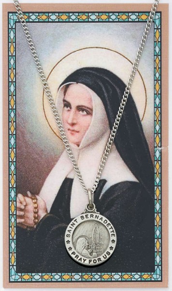 St. Bernadette Medal with Prayer Card - Silver tone