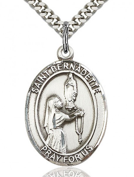 St. Bernadette Medal, Sterling Silver, Large - 24&quot; 2.2mm Sterling Silver Chain + Clasp