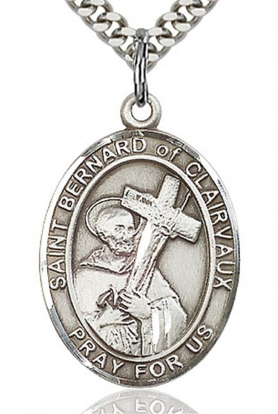 St. Bernard of Clairvaux Medal, Sterling Silver, Large - 24&quot; Sterling Silver Chain + Clasp