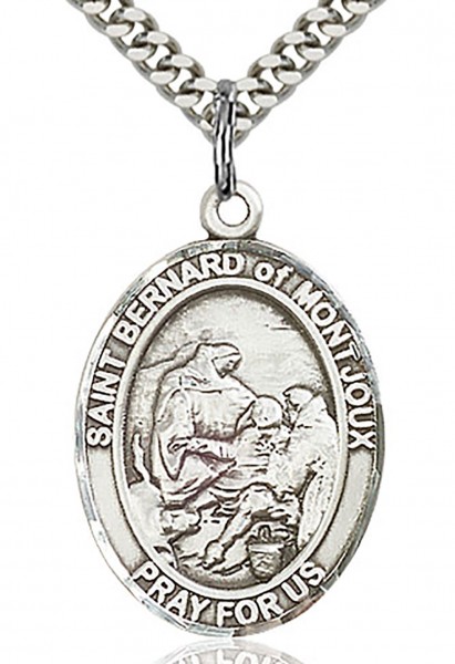 St. Bernard of Montjoux Medal, Sterling Silver, Large - 24&quot; 2.4mm Rhodium Plate Chain + Clasp