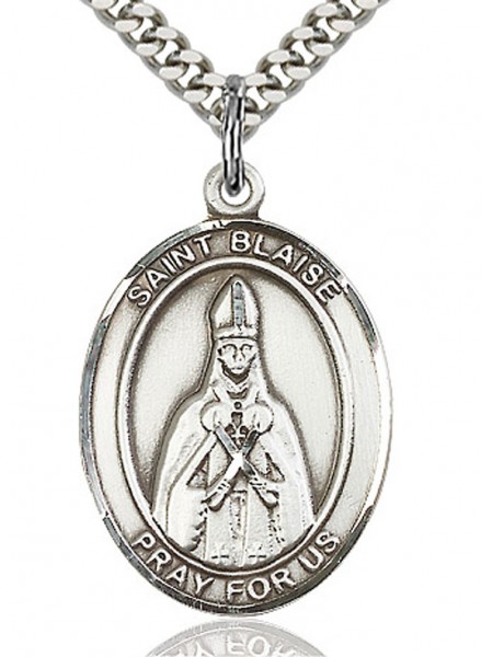 St. Blaise Medal, Sterling Silver, Large - 24&quot; 2.2mm Sterling Silver Chain + Clasp