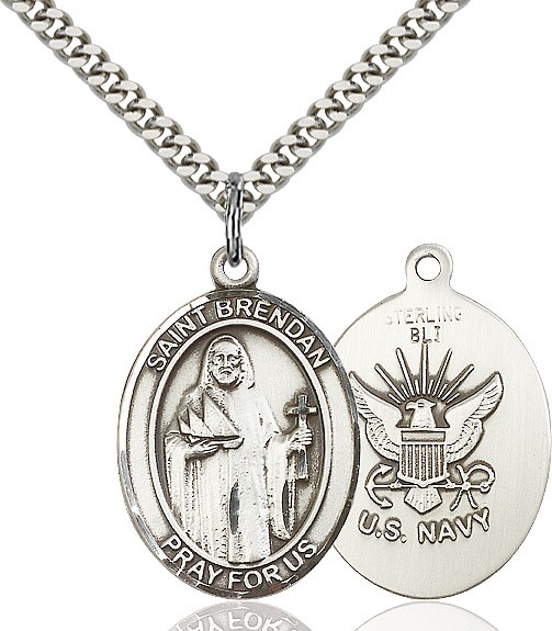 St. Brendan the Navigator/ Navy Medal, Sterling Silver, Large - 24&quot; 2.2mm Sterling Silver Chain + Clasp