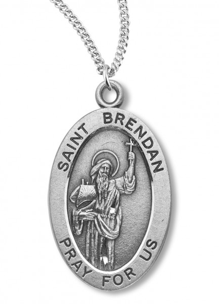 Boy's St. Brendan Necklace Oval Sterling Silver with Chain - 20&quot; 2.2mm Stainless Steel Chain with Clasp