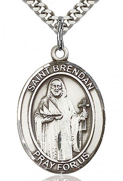 St. Brendan the Navigator Medal, Sterling Silver, Large - 24&quot; 2.2mm Sterling Silver Chain + Clasp