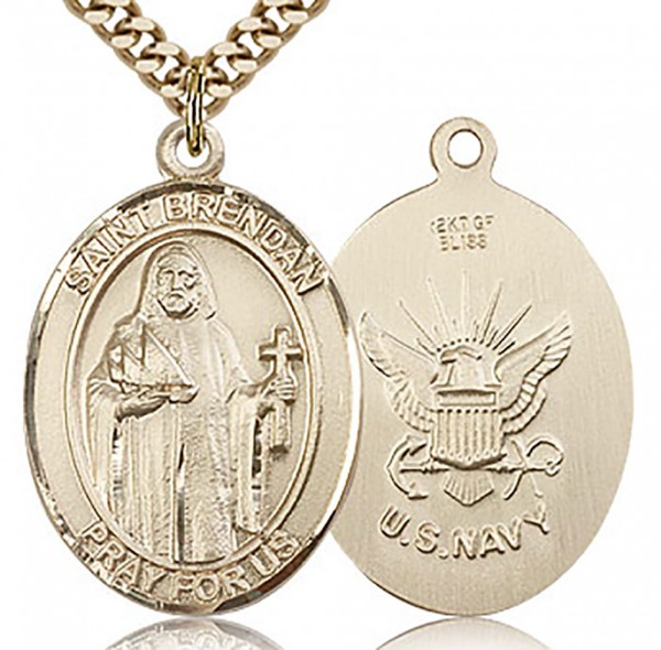 St. Brendan the Navigator/ Navy Medal, Gold Filled, Large - 24&quot; 2.4mm Gold Plated Chain + Clasp