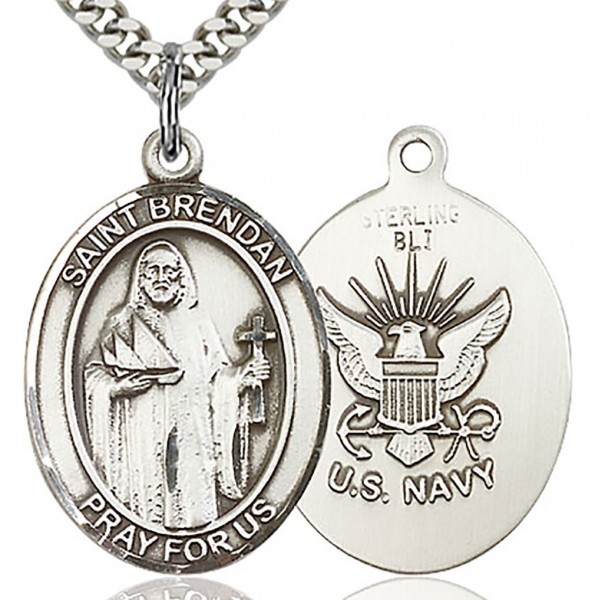 St. Brendan the Navigator/ Navy Medal, Sterling Silver, Large - 24&quot; 2.4mm Rhodium Plate Chain + Clasp