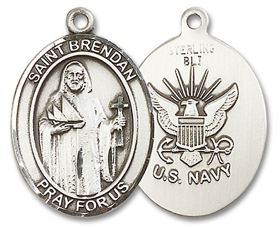 St. Brendan the Navigator/ Navy Medal, Sterling Silver, Large - No Chain