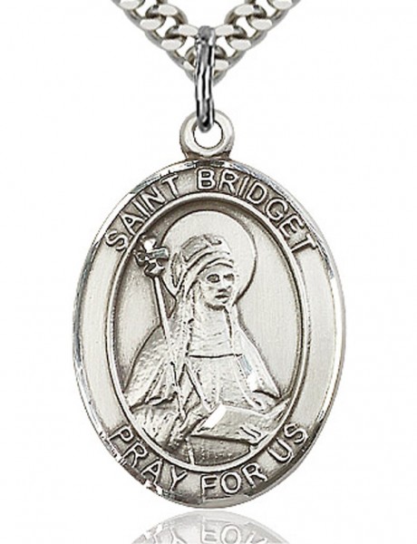 St. Bridget of Sweden Medal, Sterling Silver, Large - 24&quot; 2.4mm Rhodium Plate Chain + Clasp