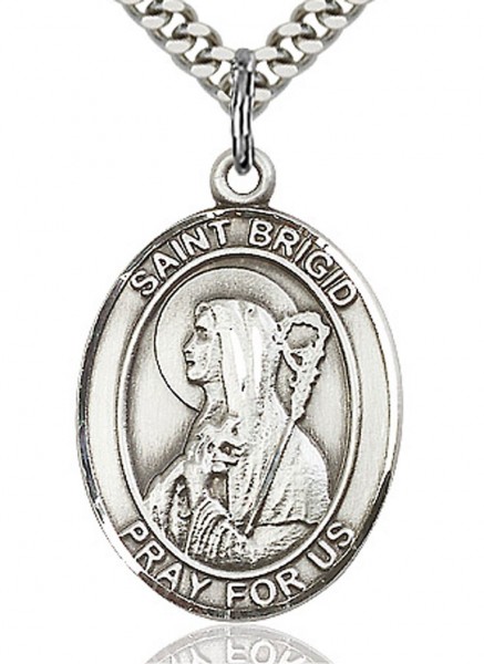 St. Brigid of Ireland Medal, Sterling Silver, Large - 24&quot; 2.4mm Rhodium Plate Chain + Clasp