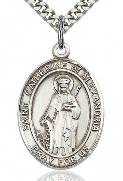 St. Catherine of Alexandria Medal, Sterling Silver, Large - 24&quot; 2.4mm Rhodium Plate Chain + Clasp