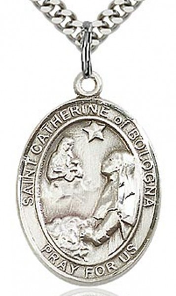 St. Catherine of Bologna Medal, Sterling Silver, Large - 24&quot; 2.4mm Rhodium Plate Chain + Clasp